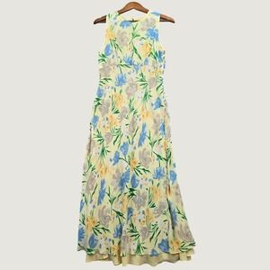 Casual Corner Floral Maxi Dress Womens 10 Yellow Rayon Sleeveless Cottagecore